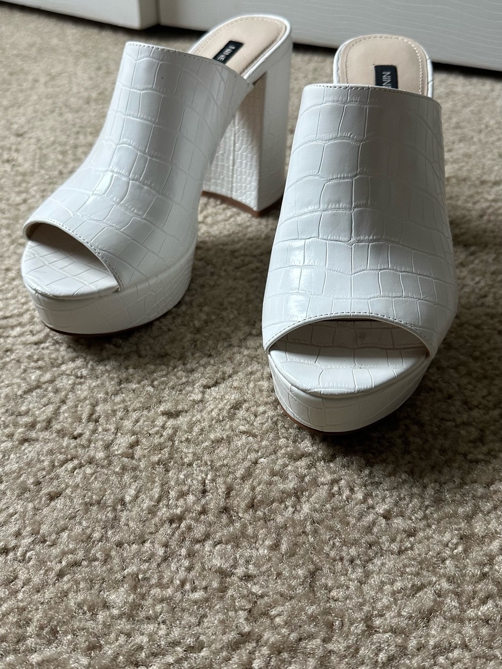 White Croc-Embossed Platform Mules